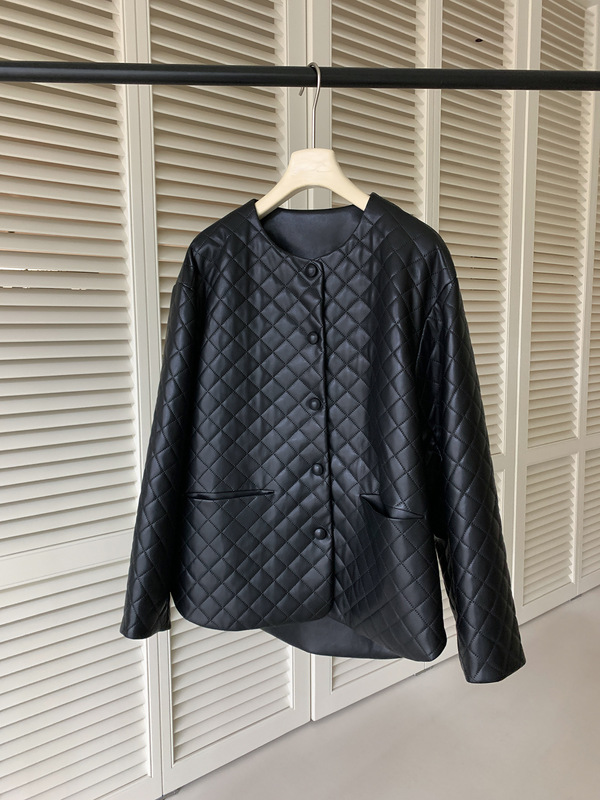趋梦DT ETOLIE韩系高级感皮质菱格棉服外套女冬夹棉薄款宽松棉衣|undefined