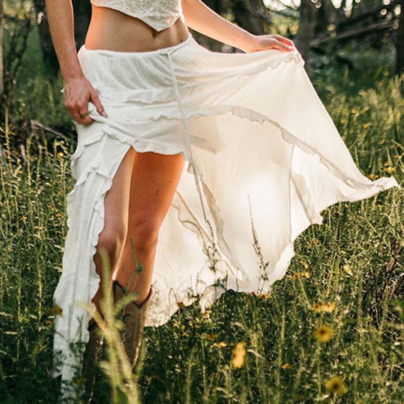 Slit Lace-Up Elegant Skirt, Vacation Style Beach Casual Ruffle Splicing Lightweight Long Skirt for Women, European and American Style