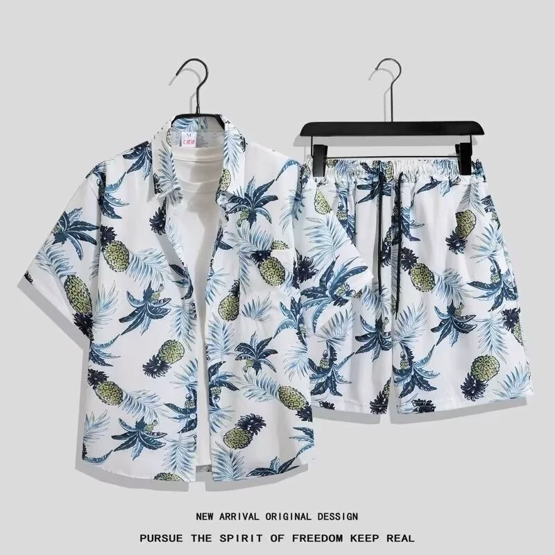 Мужской гавайский пляжный костюм с короткими рукавами, рубашка с принтом кокосовой пальмы, ананаса и цветов, шорты, парная одежда, куртка 2025 года.