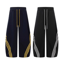 跨境美式复古三条杠阔腿弯刀卫裤男女同款春秋潮牌宽松休闲运动裤