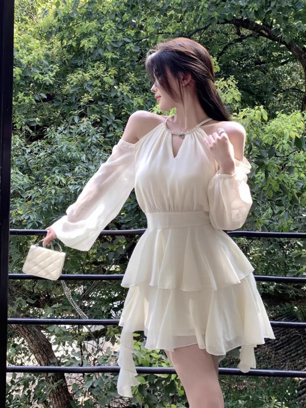フレンチホワイト長袖ドレス妖精夏妖精ウエストシフォンスカートフリルケーキAラインスカート|undefined