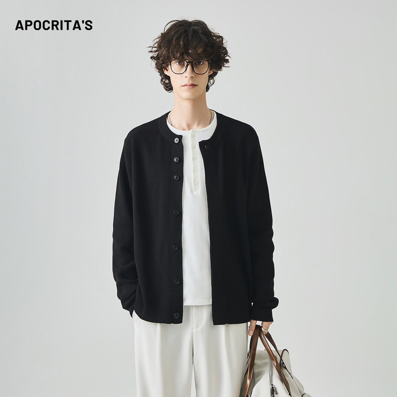 APO男装|跨境男士毛衣秋季宽松圆领老钱风松弛感针织开衫外套上衣|undefined