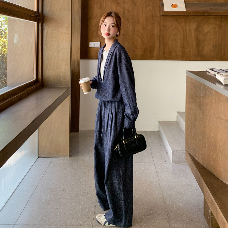 韩系慵懒松弛感假两件卫衣套装女2025秋新款宽松休闲阔腿裤两件套|undefined
