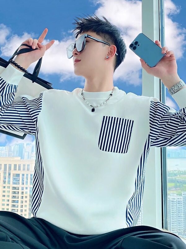 条纹拼色卫衣男士春秋季2025新款潮牌痞帅百搭长袖打底衫外套|undefined