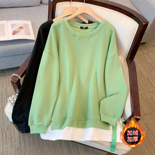 Plus size women's chubby girl sweater fleece-lined thickened American high street design sense niche fake two-piece top winter spring and autumn