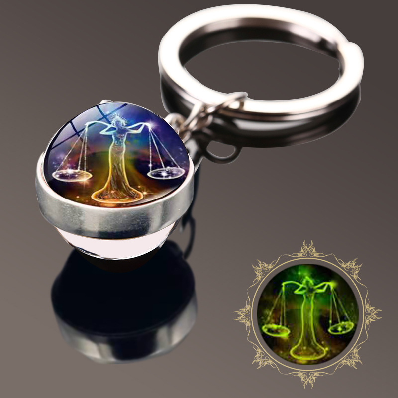 Amazon nuevo luminoso doce constelación tiempo gema de doble cara bola de cristal llavero colgante pequeño regalo