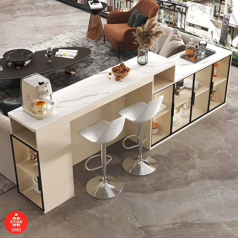 Светлый роскошный домашний винный шкаф из массива дерева, барная стойка из сланца, чайный столик, длинный стол для гостиной и столовой, шкаф для дивана