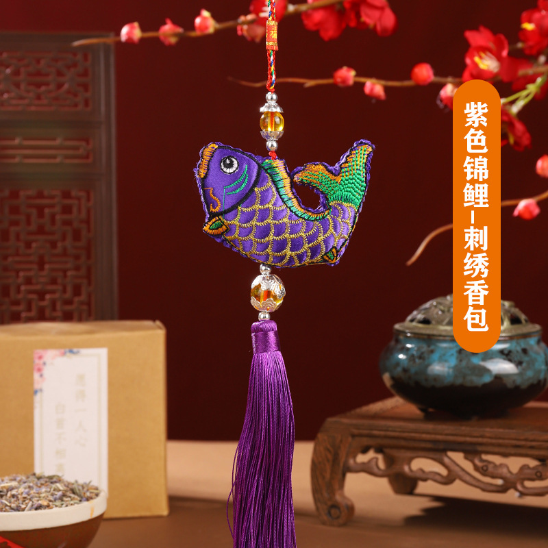 Bolsita del Dragon Boat Festival Bolsita bordada Colgante Bolsita en forma de pez Colgante de pescado con lentejuelas Colgante de coche Bolsita del Dragon Boat Festival