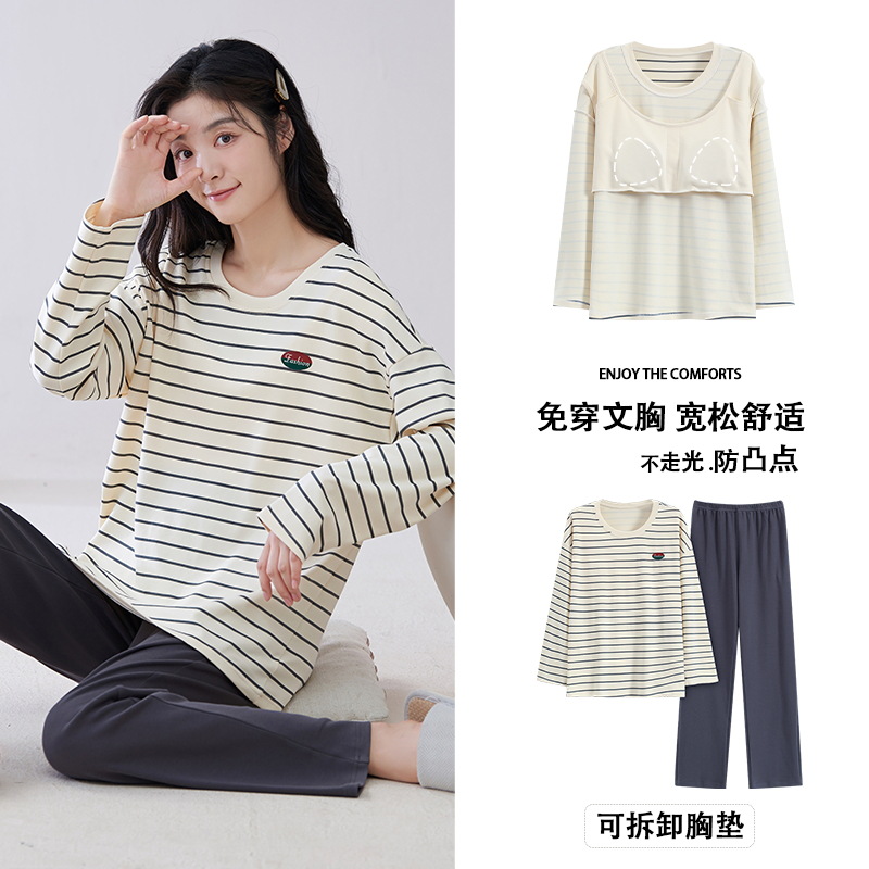 Pijama de algodón de manga larga para mujer con almohadilla en el pecho traje de otoño 2023 nuevas mujeres dulces talla grande homewear