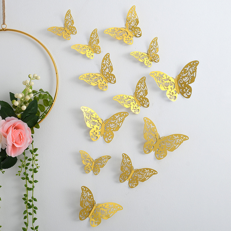 Decoração de parede transfronteiriça: adesivos de borboletas de papel vazadas em 3D para casamentos e decoração de casa._voghion.com
