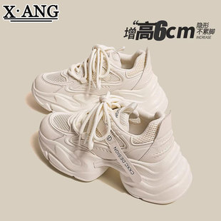 Genuine leather dad shoes for women in spring and summer 2025 new mesh breathable thick sole height-enhancing lightweight casual sports shoes