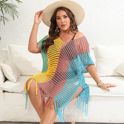 Ladies' Beach Resort Cover-Up: Plus-Size European & American-Style Women's Colorblock Patchwork Hollowed-Out Woven Top with a Sexy Dress Design