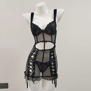 2025 New Sexy Underwear Sexy Perspective Mesh Strap Skirt Pure Women's Black Lace Strap Underwear suit