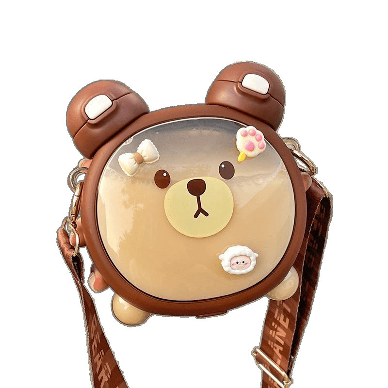 女の子用のかわいいクマのウォーターカップ、見栄えの良いカップ、子供用ウォーターカップ、ストローカップ、夏の学生用ポータブル斜めケトルカップ|undefined