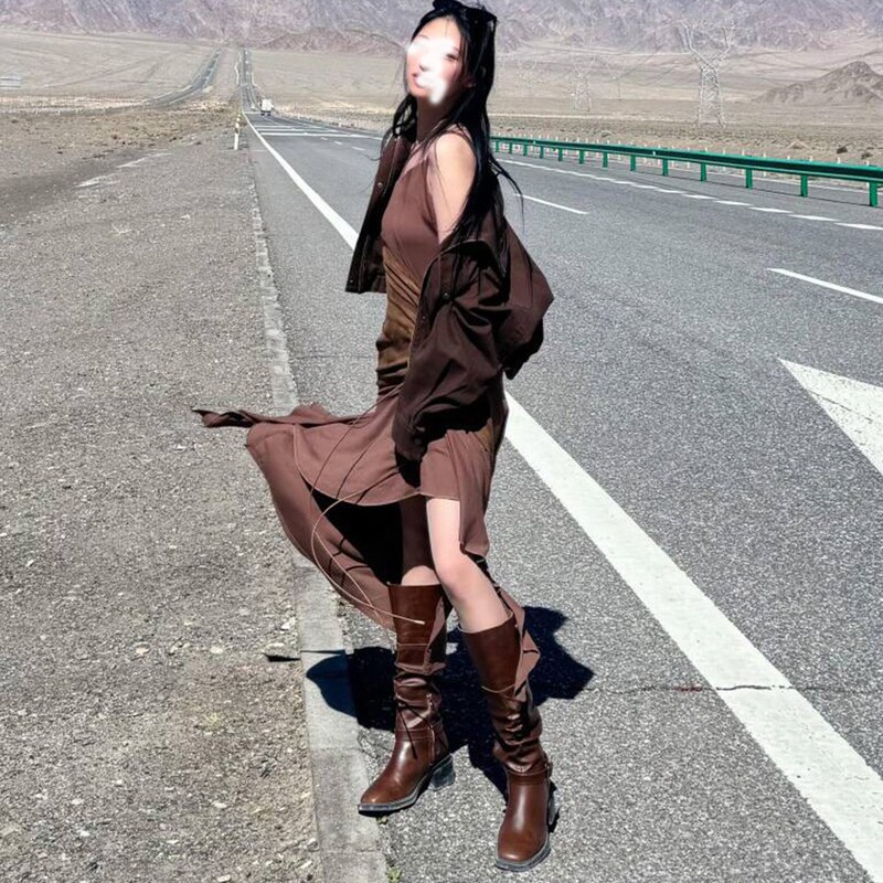 潮不南~粗跟翻折复古褶皱堆堆西部靴女美拉德不过膝长筒骑士靴|undefined