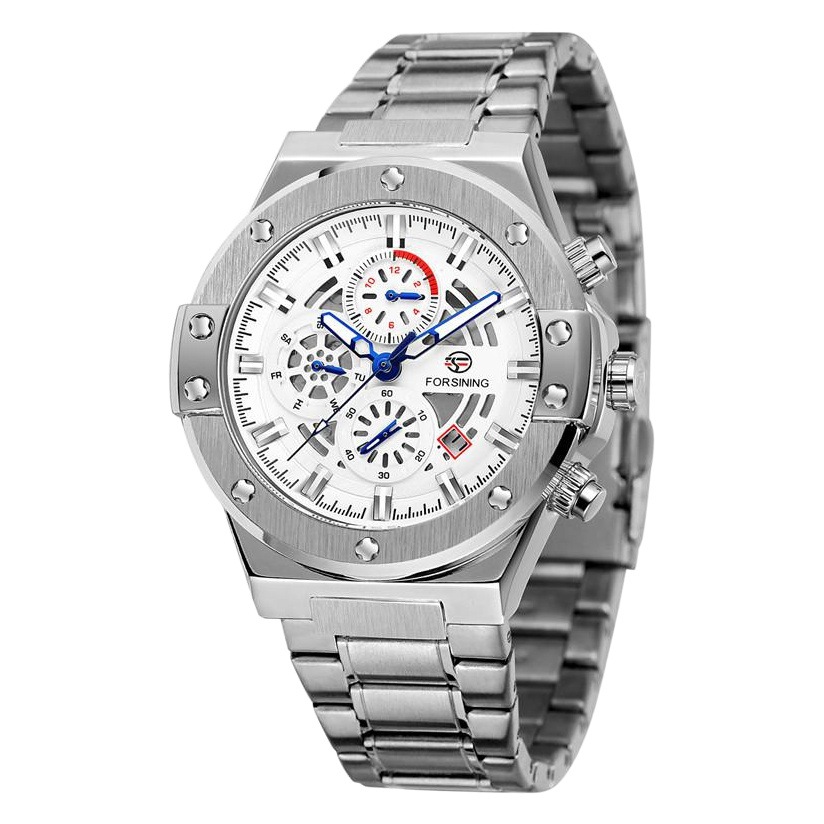 FORSINING Fusini 6914 correa de acero de moda para hombre reloj mecánico automático reloj impermeable luminoso de seis pines