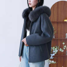 冬日序曲 重磅狐狸毛领羊驼羊毛连帽双面呢大衣 慵懒休闲拉链外套