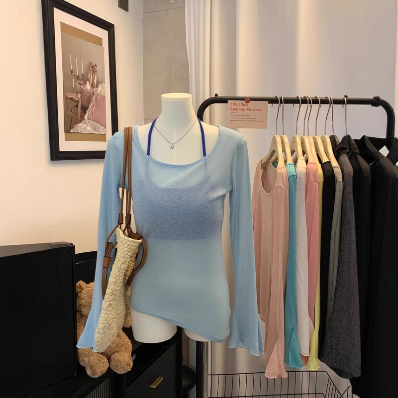 2025 New Summer Style European and American Sexy Sexy Pure Lust Style Long-Sleeved Sun Protection Asymmetrical Design Thin Blouse Women's T-Shirt