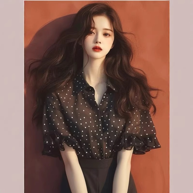 Black Polka Dot Ruffled Chiffon Short-Sleeved Shirt for Women, Summer 2026 New Style, French High-End Style Top Black Polka Dot Ruffled Chiffon Short-Sleeved Shirt for Women, Summer 2026 New Style, French High-End Style Top