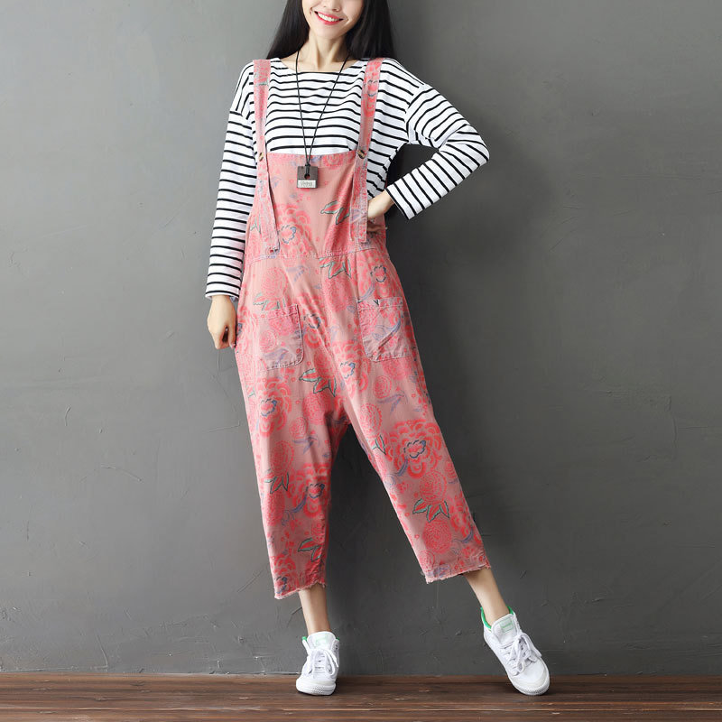 2025 Women's Large Size Cotton and Linen Overalls Casual Korean Printed Distressed Cropped Pants Wandering Notes Loose Version