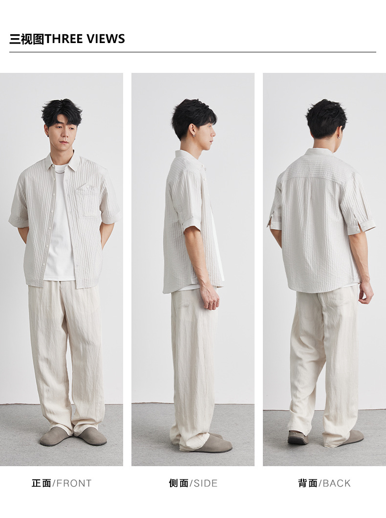Áo sơ mi nam tay ngắn Tencel dáng rộng phong cách Pháp, không cần là ủi — Màu trắng chi tiết 7