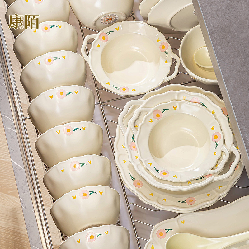 Kangmo Bowl and Plate Set Direct from Manufacturer, Underglaze Color, Ins-Style, High-Temperature Resistant Bowl and Chopstick Set, White Porcelain, Round Shape
