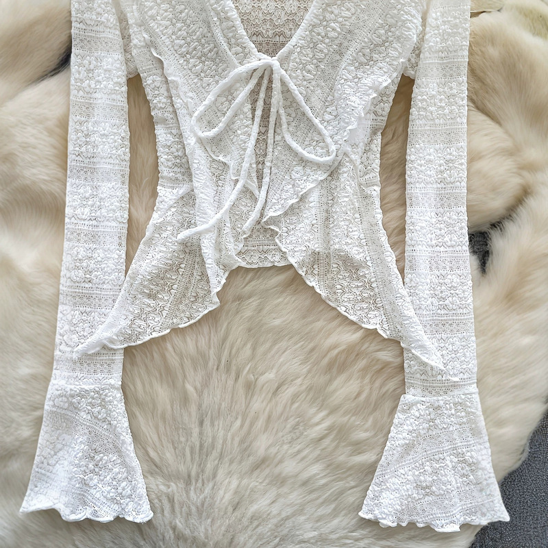 European and American Cross-Border French-Style Textured Lace Bell-Sleeve Cardigan, Pure Desire Style, Irregular Waist-Cinching, Breathable, Sun-Protective Outerwear Top