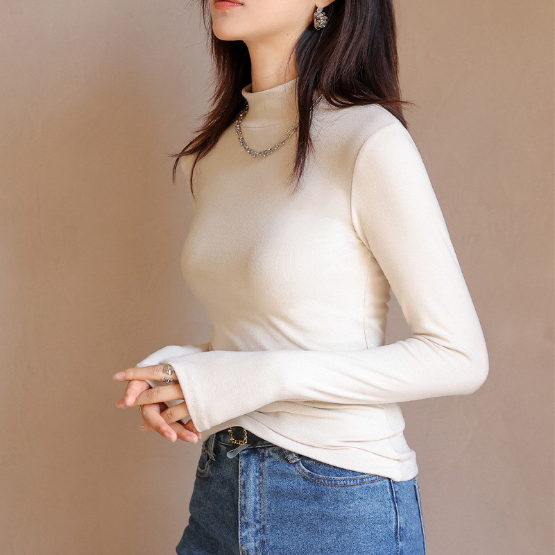 德绒内搭打底衫女秋冬半高领保暖磨毛新款外穿简约高级感白色长袖|undefined