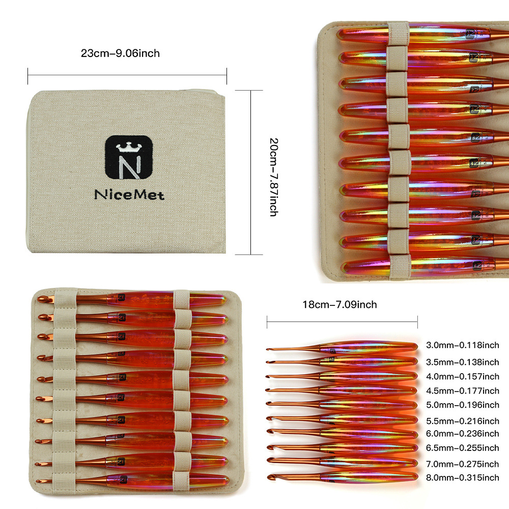 Aguja de trenzado transfronteriza acrílico galvanizado mango de crochet estilo chino pulido a mano un cuchillo de corte 10 agujas de corte