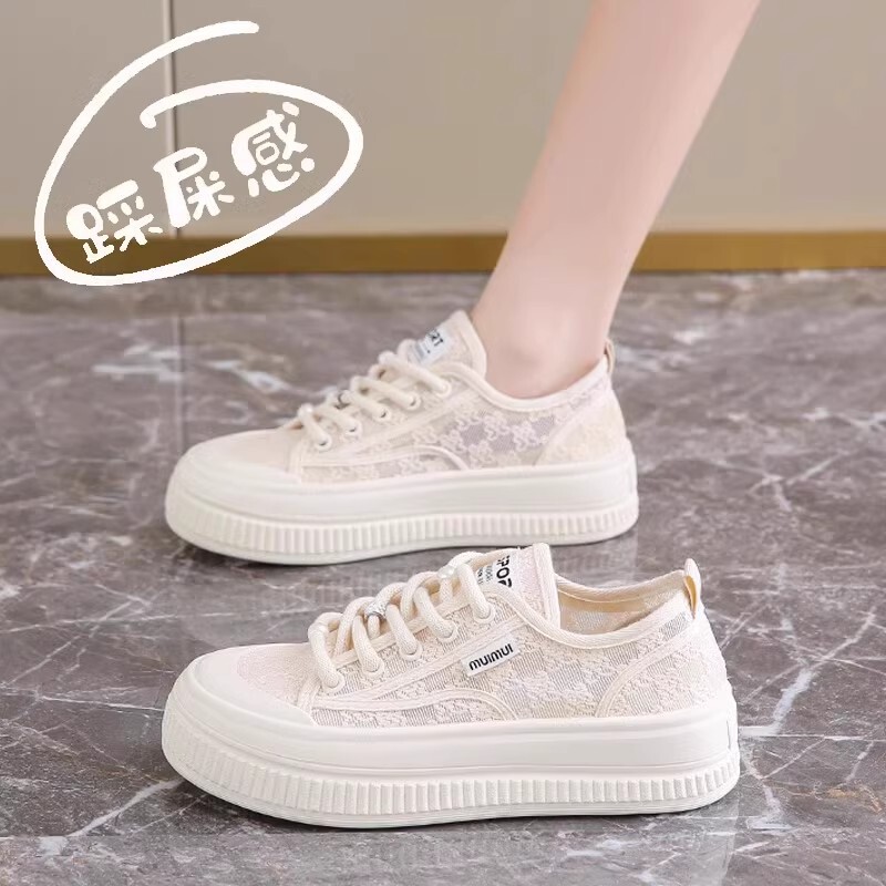 Off-Code Yierkan Genuine Leather Canvas Shoes for Women Summer New Lace Mesh Breathable White Shoes Thick-Soled Casual Sneakers
