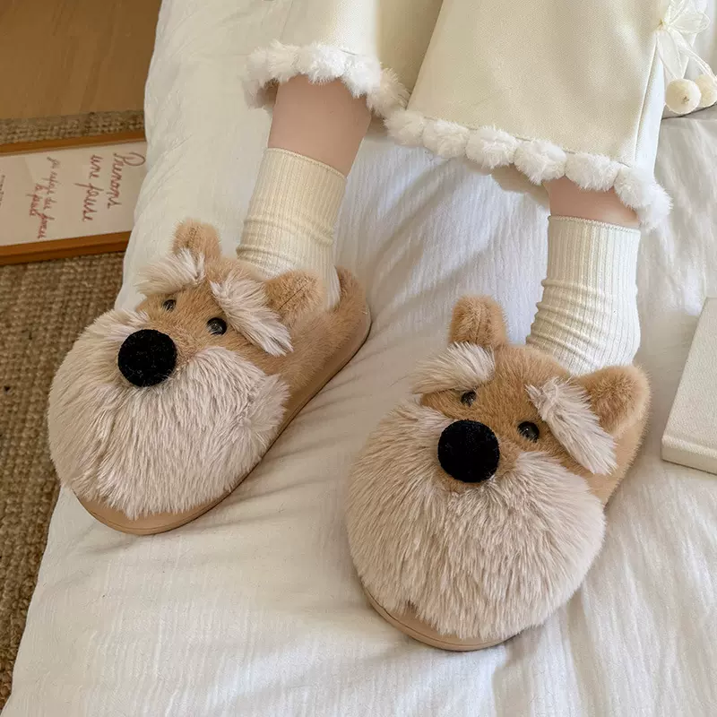 棉拖鞋女2025新款居家情侣加绒加厚踩屎感卡通小狗毛绒棉拖大童
