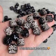 国潮黑曜石醒狮小瑞兽情侣款项链手链手持手串配件花纹雕刻黑白