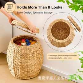 圆形柳条篮带盖子手工编织风信子储物篮洗衣浴室卧室客厅脏衣篮