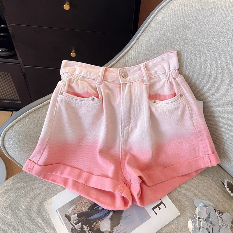 Gradient Pink Denim Shorts for Women 2026 Summer New High-Waisted Slimming Rolled Hem Loose A-Line Wide-Leg Hot Pants
