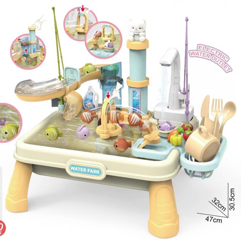 Comercio exterior infantil circulación eléctrica lavavajillas cocina lavabo conjunto de juguetes de mesa de pesca de agua