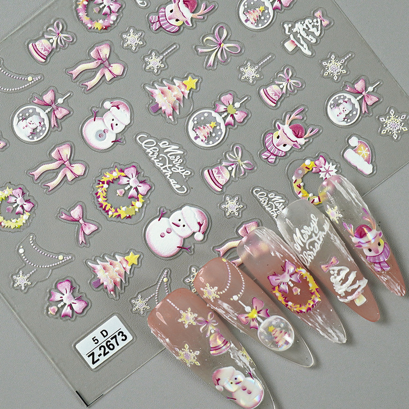Cross-Border Popular Ins New 5D Embossed Shell Light Nail Art Stickers Christmas Snowman Stereo Nail Stickers Z2673