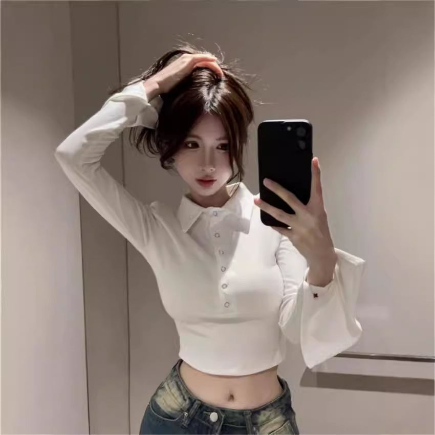 스레드 폴로 칼라 숄더 티셔츠 여성용 봄과 가을 한국 스타일 슬림핏 핫 걸 디자인 센스 틈새 내부 쇼트 탑