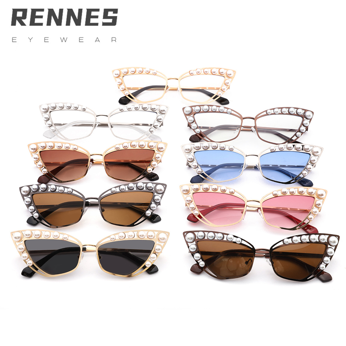 Nuevas gafas de sol de metal con ojos de gato de perlas hermosas transfronterizas
