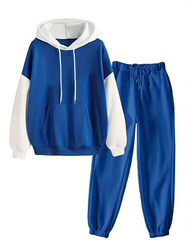 Amazon Women's 2024 Autumn/Winter New Color Block Hooded Sweatshirt Set with Kangaroo Pocket, European and American Cross-Border Foreign Trade Style