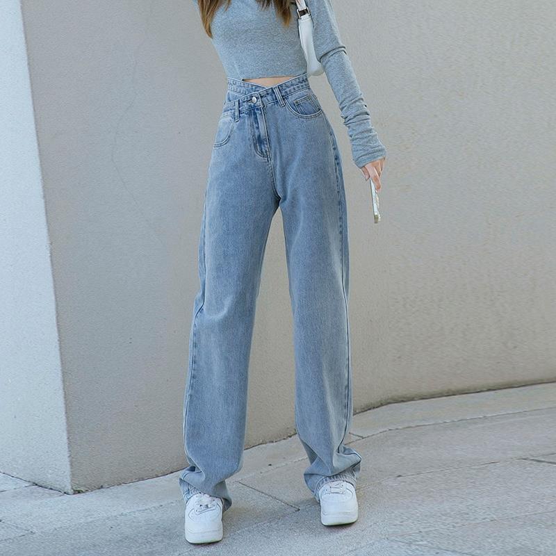 Light-colored high street jeans women's early autumn irregular cross waist small slim straight high waist mop wide leg pants