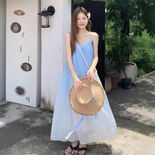 海边度假风蓝色渐变吊带连衣裙夏新款大码胖mm遮肚雪纺长裙沙滩裙