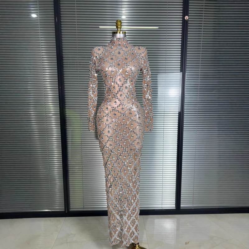 European and American Cross-Border Long-Sleeved Rhinestone Mesh Performance Dress, Sexy High-Elastic See-Through Ball Gown, Celebrity Stage Outfit, Long Dress European and American Cross-Border Long-Sleeved Rhinestone Mesh Performance Dress, Sexy High-Elastic See-Through Ball Gown, Celebrity Stage Outfit, Long Dress