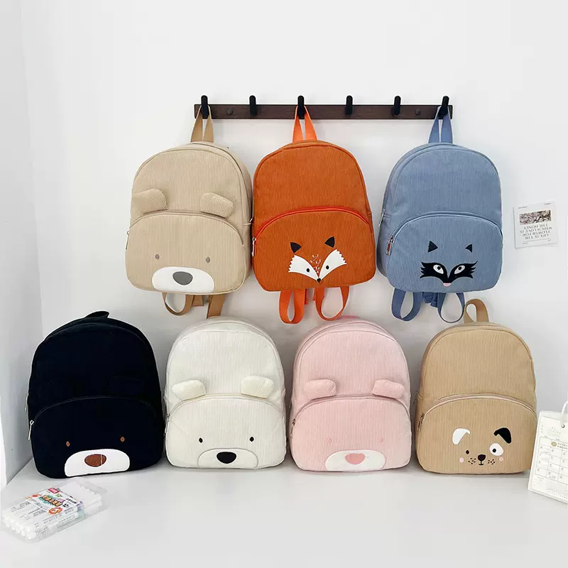 etsy个性化刺绣可爱小熊双肩包灯芯绒学生书包大容量休闲背包卡通