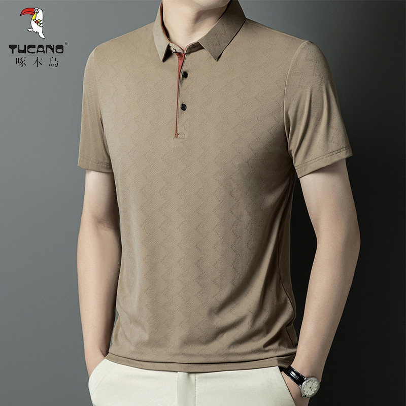 Woodpecker Summer Business Casual Men's Short-Sleeved Polo Shirt for Middle-Aged and Elderly Men, Thin, High-Elastic, Quick-Drying, Large Size T-Shirt for Men