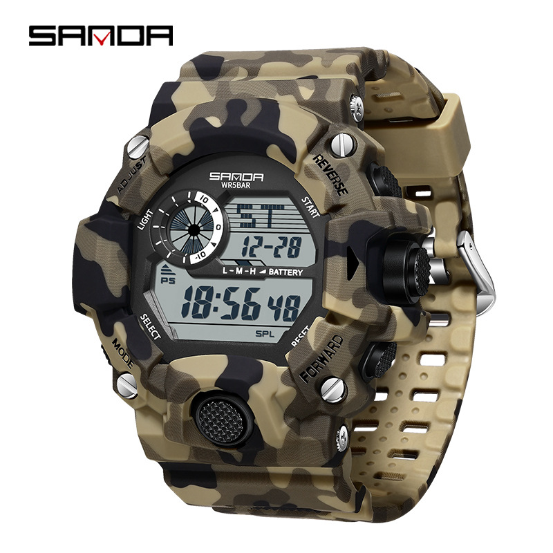 SANDA Camuflaje reloj electrónico de montaña deportivo al aire libre impermeable multifuncional reloj de negocios para hombres 2183