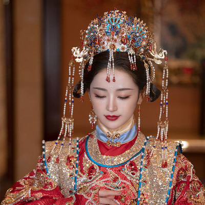 Fairy hanfu xiuhe wedding party bridal headdress Empress queen cosplay crown bride ancient Ming system  queen hanfu luxuriant hair Chinese style wedding dress