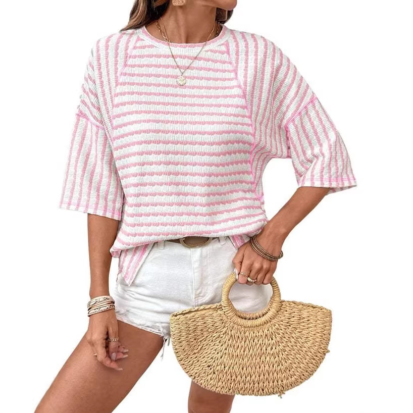 Women's Casual Striped Short Sleeve T-Shirt - Relaxed Fit, Round Neck, Color Block Design, Breathable Polyester Fabric_voghion.com
