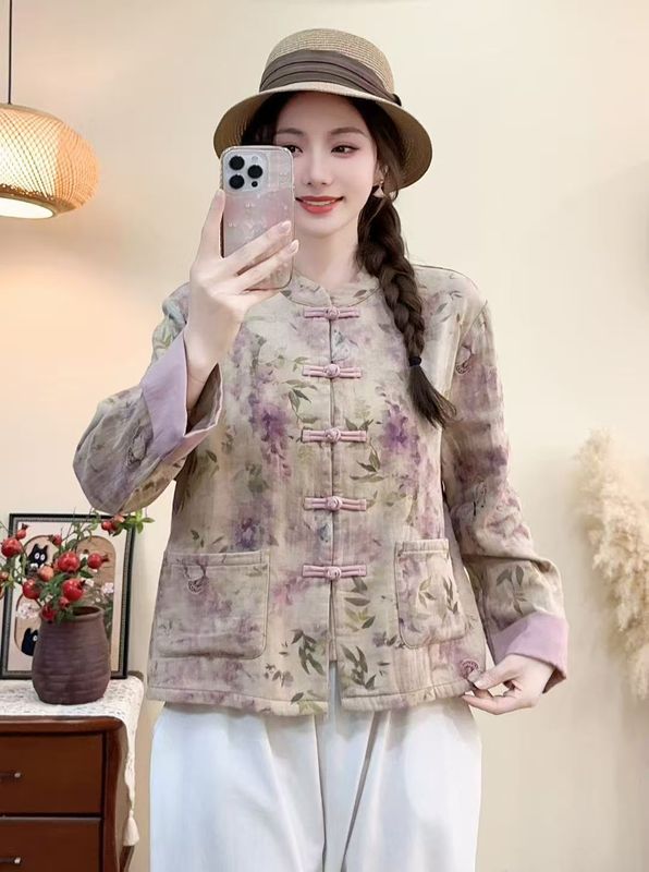 古咖服饰秋季新款文艺盘扣衬衫长袖拼接短外套女复古气质印花上衣|undefined