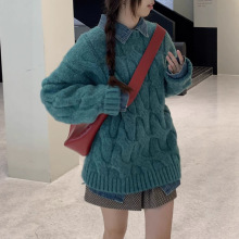 随性麻花毛衣女秋冬时尚潮流 可爱宽松慵懒风 套头针织上衣花米色