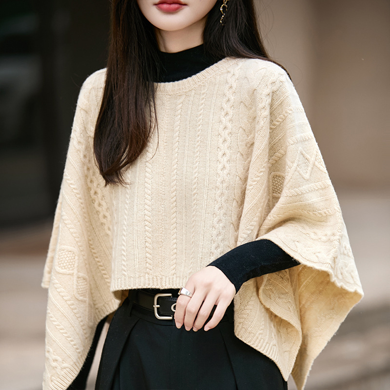 100羊毛针织大披肩秋冬保暖套头斗篷时尚宽松披风百搭毛衣外套女|undefined